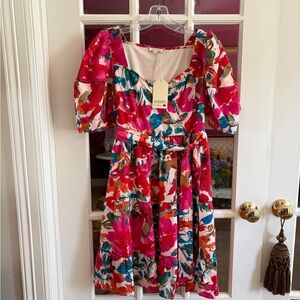 Vibrant Pink Floral Midi Dress with Puff Sleeves